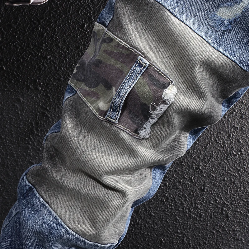 American Street Fashion Men Jeans Retro Blue Embroidery Designer Slim Fit Ripped Jeans Men Patchwork Casual Hip Hop Denim Pants