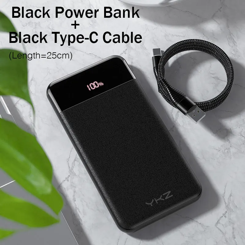 YKZ QC 3,0 внешний аккумулятор 10000 мАч светодиодный портативный аккумулятор PD Быстрая зарядка 12 В внешний аккумулятор для iPhone Xiaomi Mi с USB - Цвет: Black with Cable