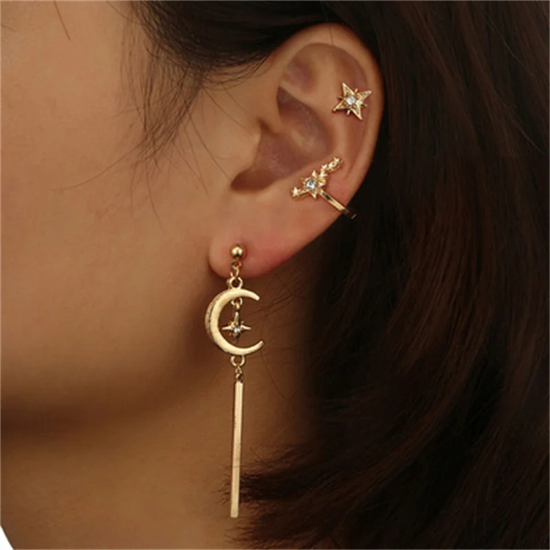 

3Pcs Moon Drop Earings Five Pointed Star Inlaid Zircon Metal Ear Clip For Women Fashion Jewelry Accessories