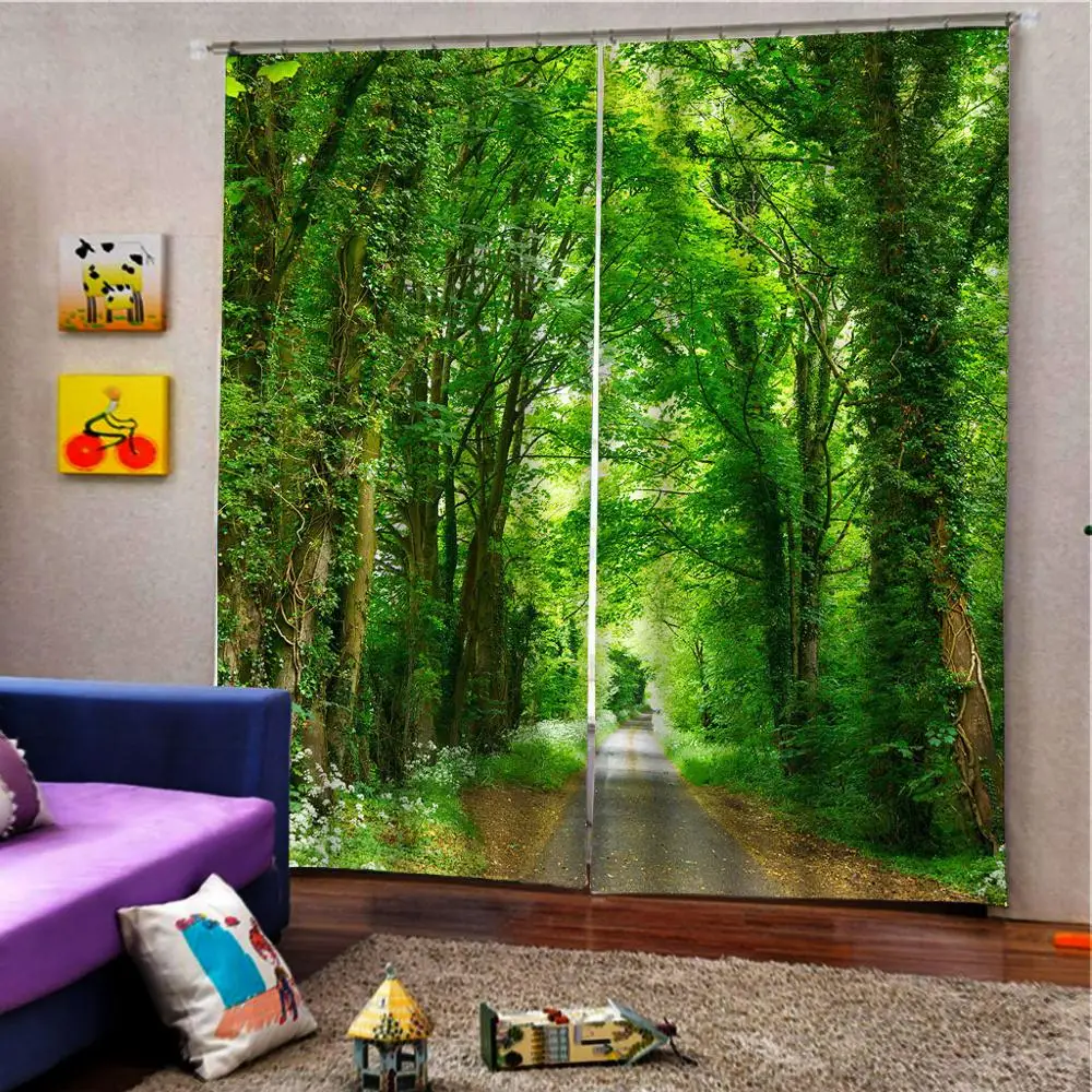 HD Большие индивидуальные природные пейзажи лес дорога фото занавес для гостиной