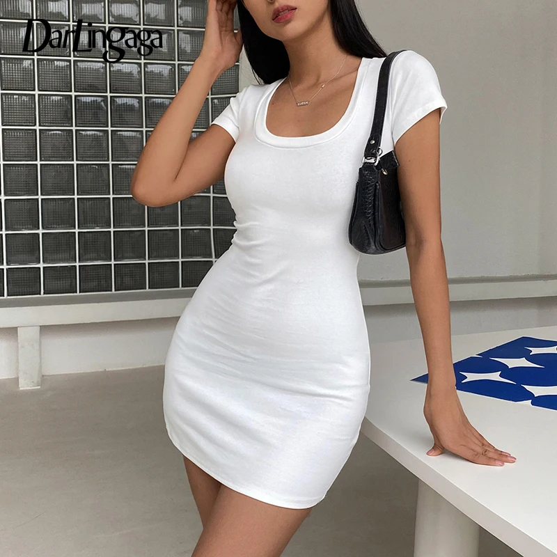 Darlingaga Short Sleeve Summer Women Bodycon White Dress Basic Slim Harajuku Korean Casual Dress Mini Skinny Solid Sundress 2022