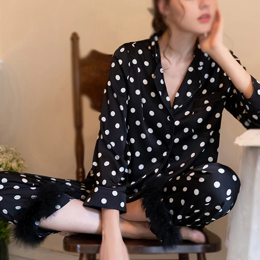 2 шт. Женская Элегантная Шелковая пижама черный горошек пижамный комплект банные