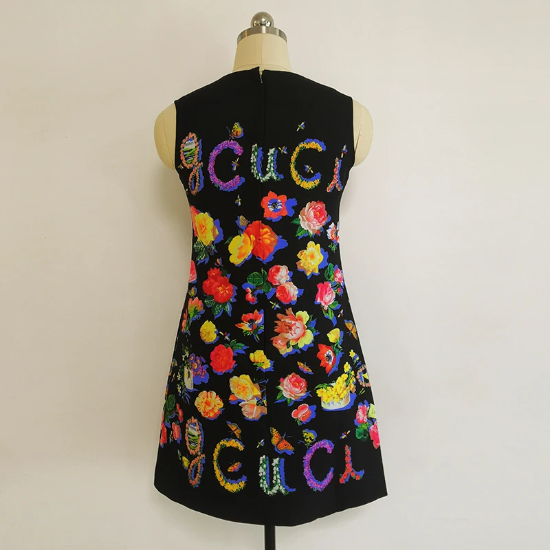 

Summer Beading Luxury 2021 Runway Fashion A-Line Slim Letters Flower Print Sleeveless Casual Holiday Dress