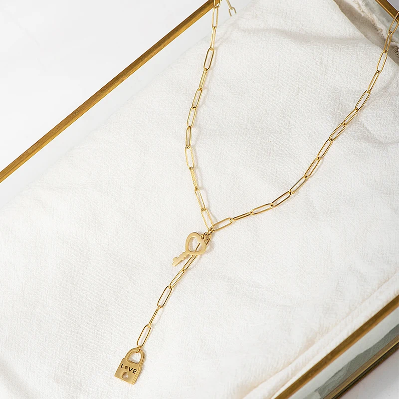 Женское Ожерелье из нержавеющей стали с замком и ключом массивное Золотистое