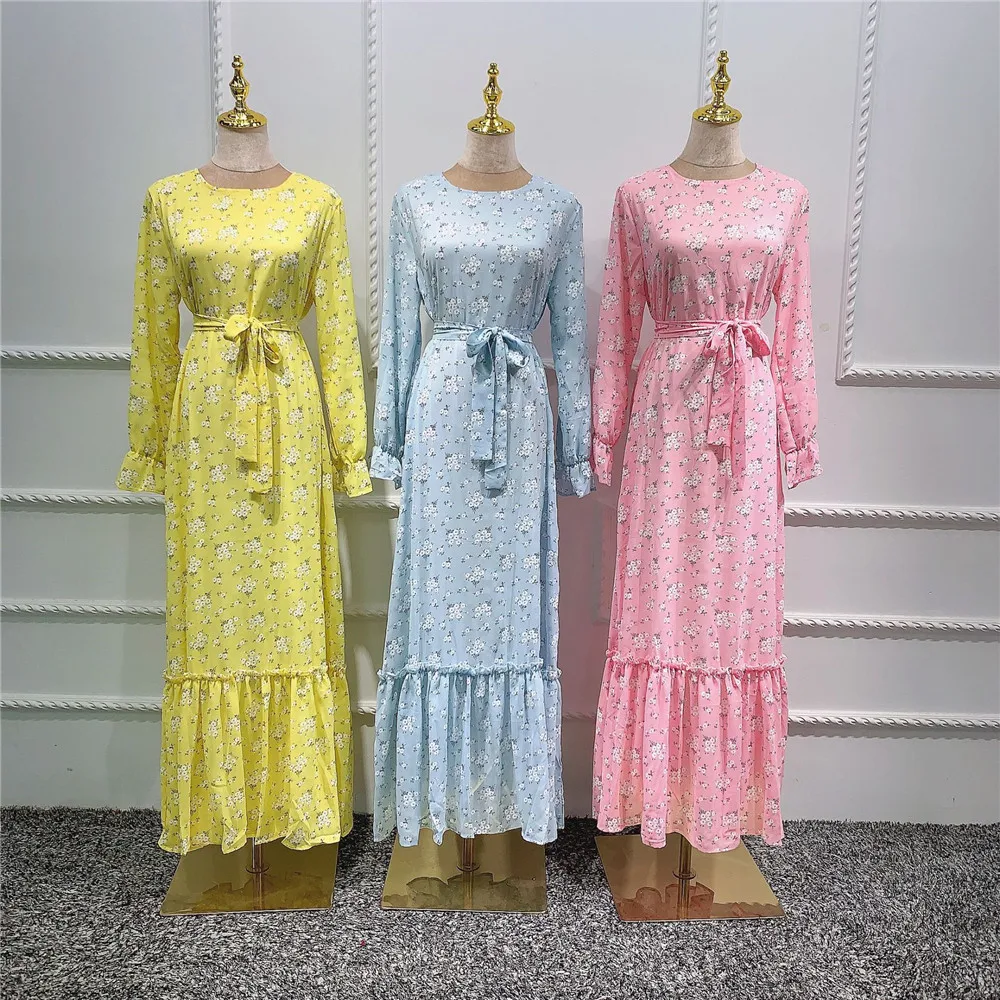 

Женское мусульманское платье с цветочным принтом Abaya, длинное платье, повседневный халат с длинным рукавом и поясом