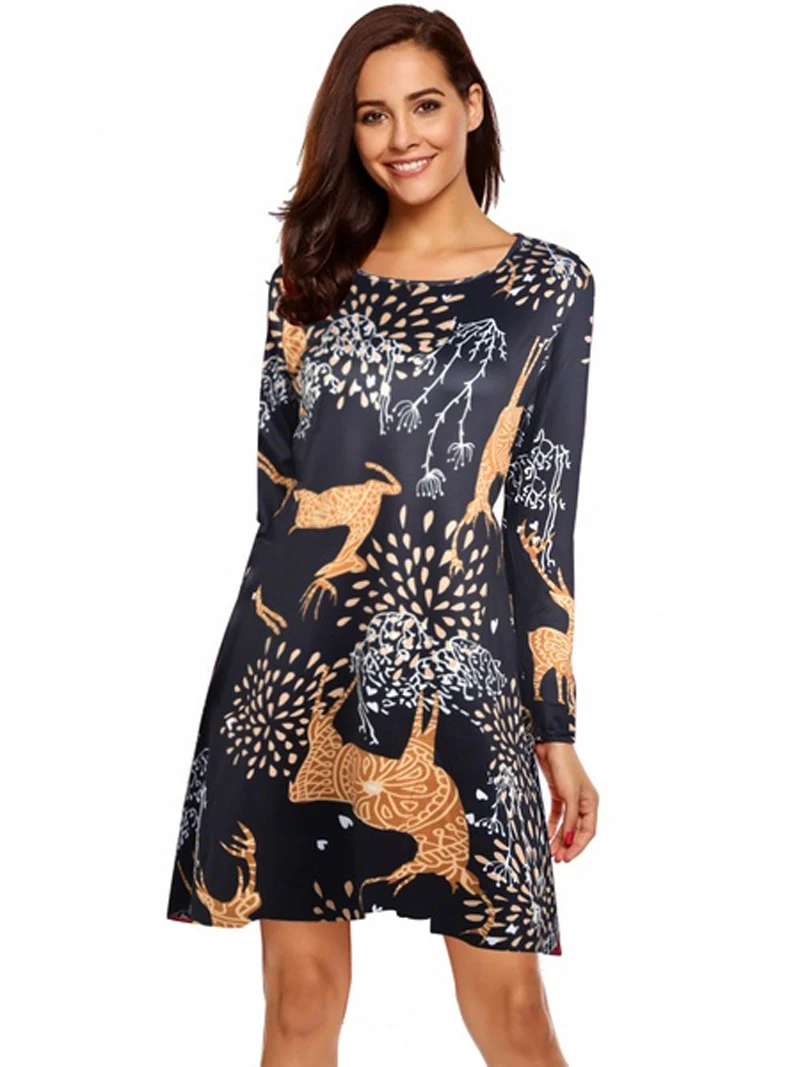 4XL 5XL Large Size Dress Casual Printed Cartoon Christmas Dress Autumn Winter Long Sleeve A-line Dress Plus Size Women Clothing