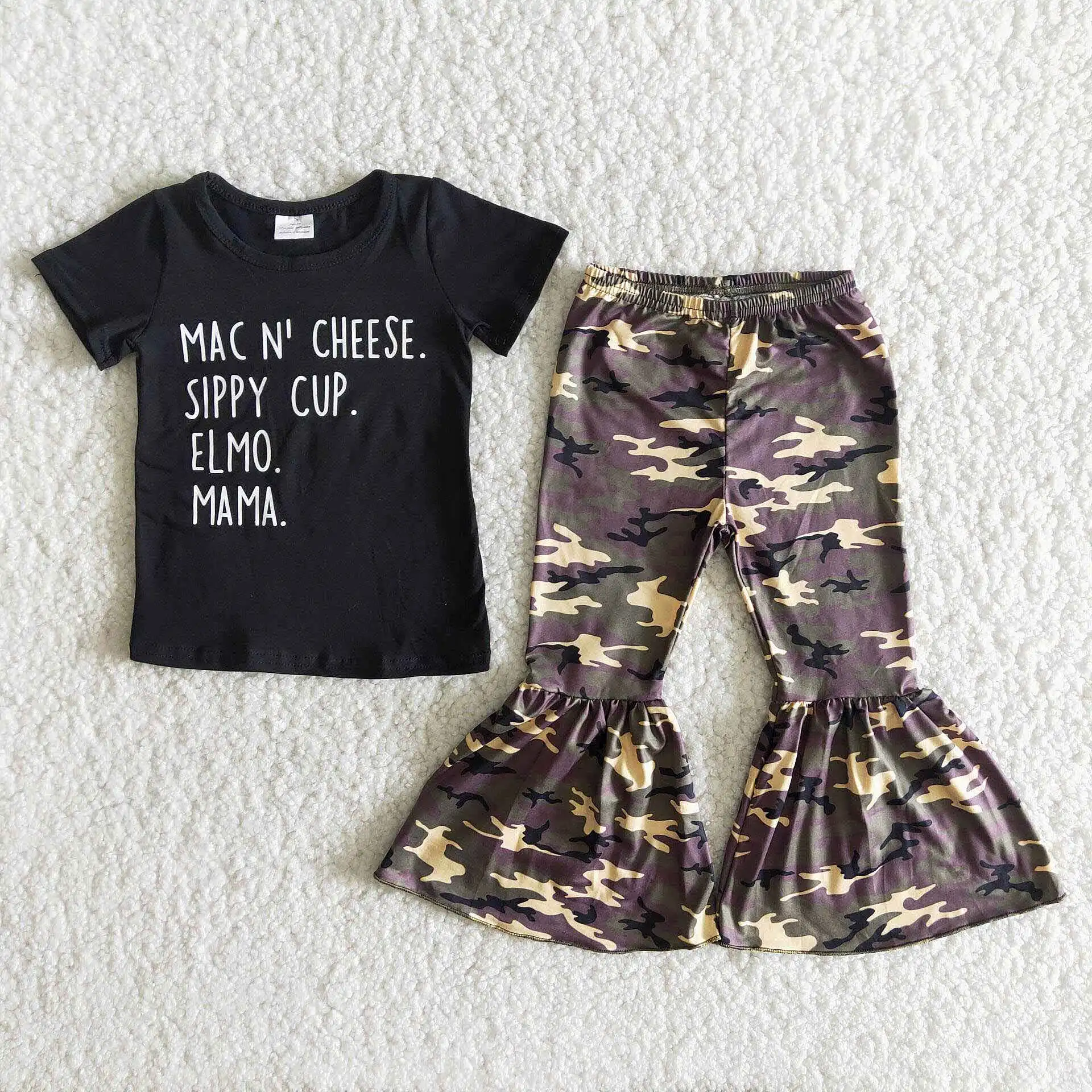 

Summer Girl Letter Print Pure Black T-shirt With Camouflage Print Flared Pants Child Clothing