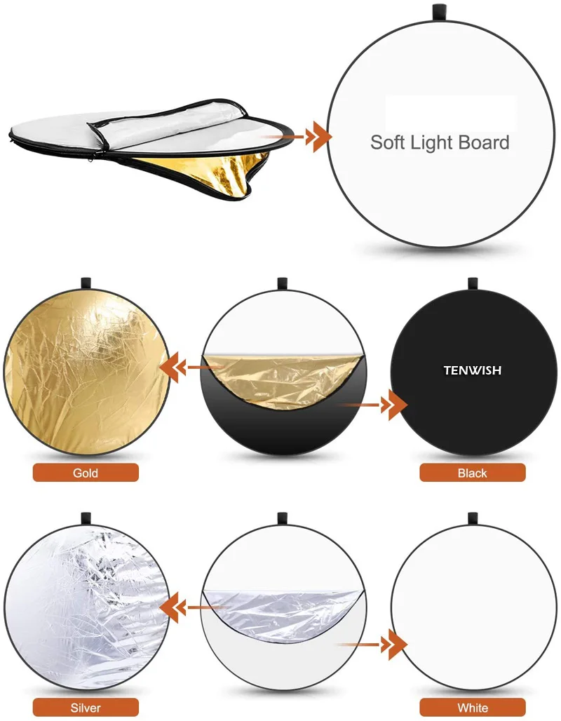 TENWISH 24inches/60cm 5in1 Circular Reflector Collapsible Compact Multi Disc Studio Lighting Modifier for Product Portrait Shots |