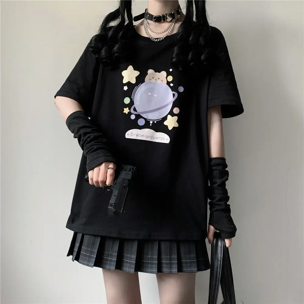 

2021 New Short-sleeved Student Loose Cute Soft Girl Style Black Blouse Women