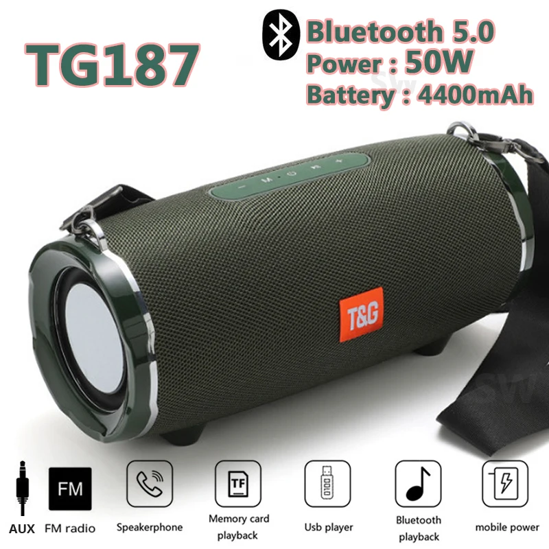 50W TG187 Bluetooth Speaker Outdoor Wireless Column Subwoofer Music Center BoomBox Portable 3D Stereo 4400mAh Battery FM/TF/AUX