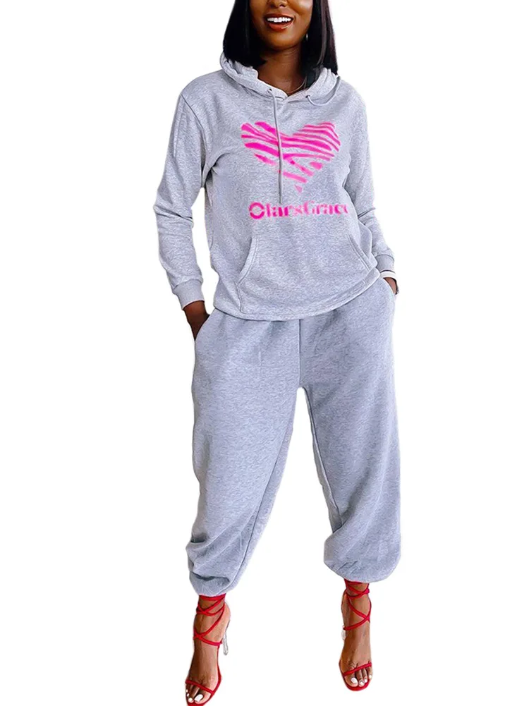 

Women's sports suit, winter print hoodie, pencil trousers, European and American casual two-piece suit