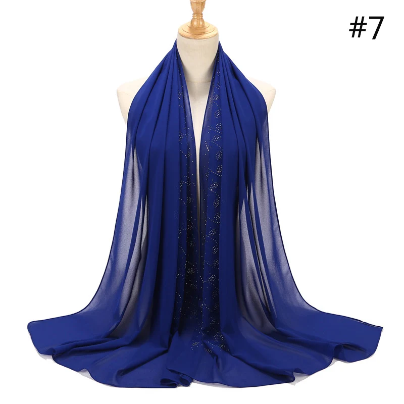 

New Fashion Women Pearl Chiffon Hair Scarf Hot Drill Shawl Hijab Scarf Wrap Solid Color Muslim Scarves 20 Colors