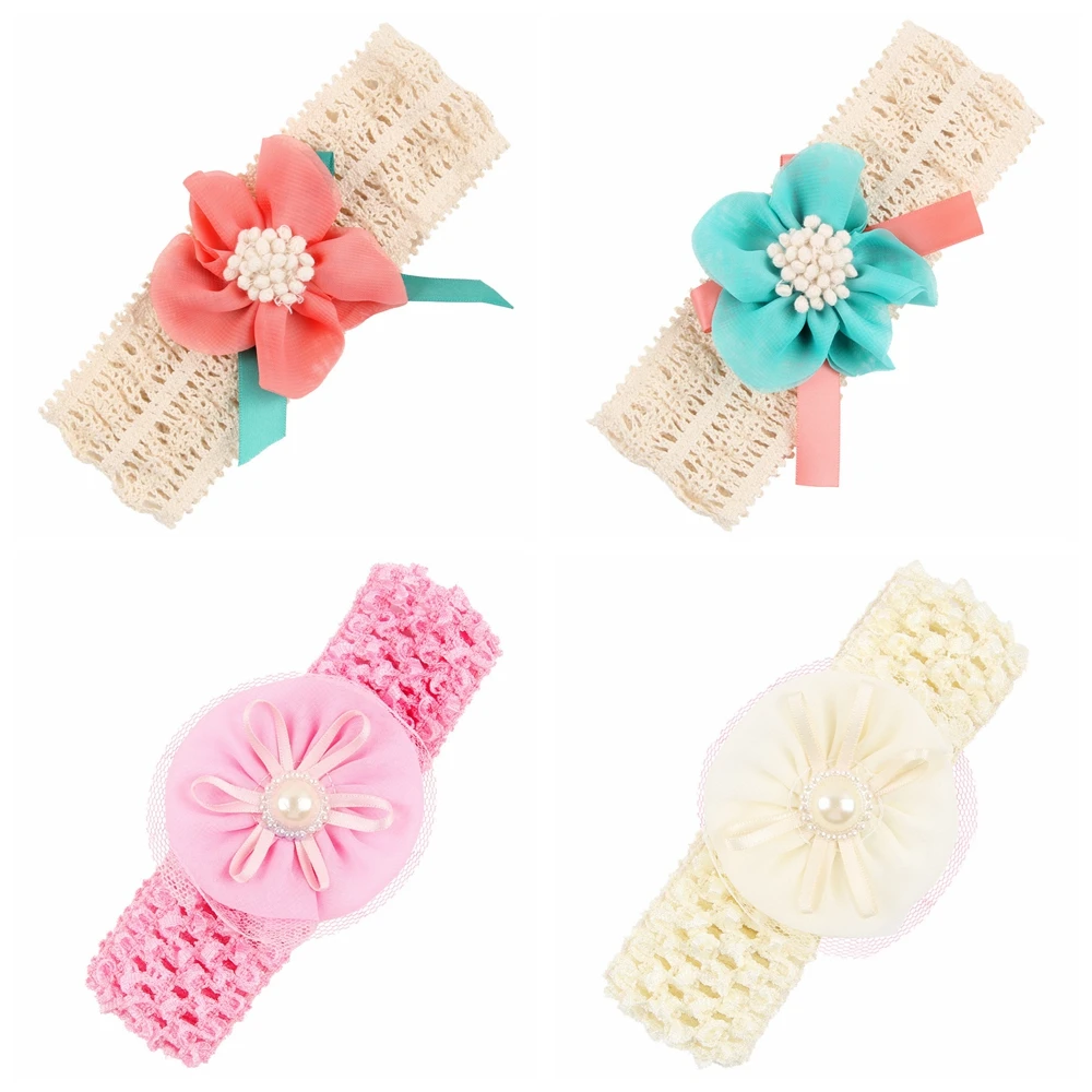

Lovely Handmade Pearls Chiffon Flower Toddler Elastic Hairband Fashion Crochet Headband Sweet Kid Hair Accessories Birthday Gift