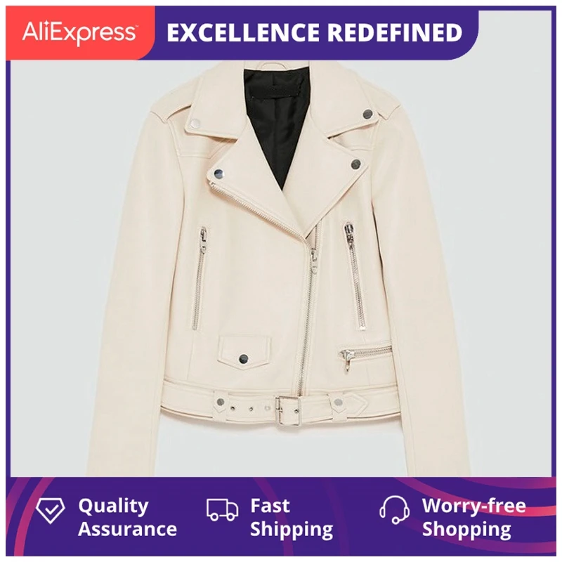 

Женская мотоциклетная куртка на молнии, черная куртка из мягкой искусственной кожи с поясом и отложным воротником, верхняя одежда для осени...