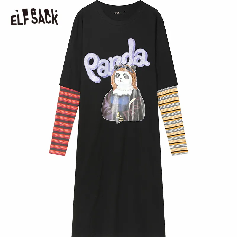 Женское Повседневное платье ELFSACK черное с принтом панды в полоску лоскутным