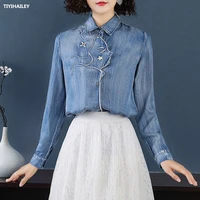 tiyihailey free shipping fashion cotton denim shirts for women full sleeve embroidery blouses tops s xl single breasted vintage