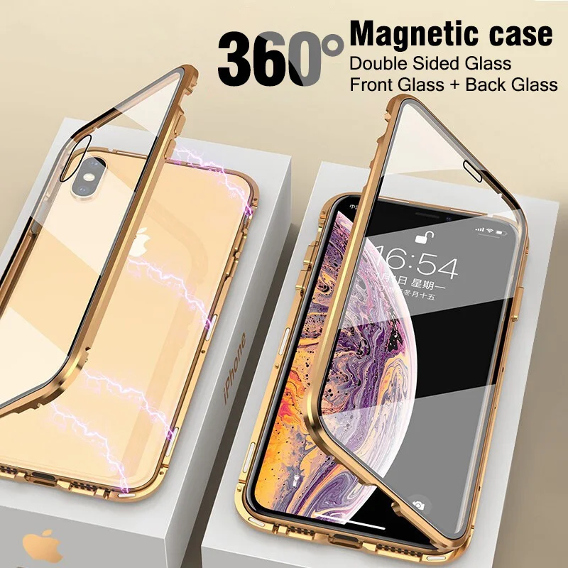 Luxury Double sided glass Magnetic Adsorption Metal Phone Case For iPhone X XS XR Max 8 7 6 6S Plus Cover 360 Full Protection | Мобильные