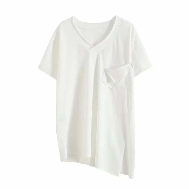 

TVVOVVIN 2021 New Korean Women's Fashion o-neck White Irregular Stitching Pocket Short Sleeve All-match T-shirt M2UQ