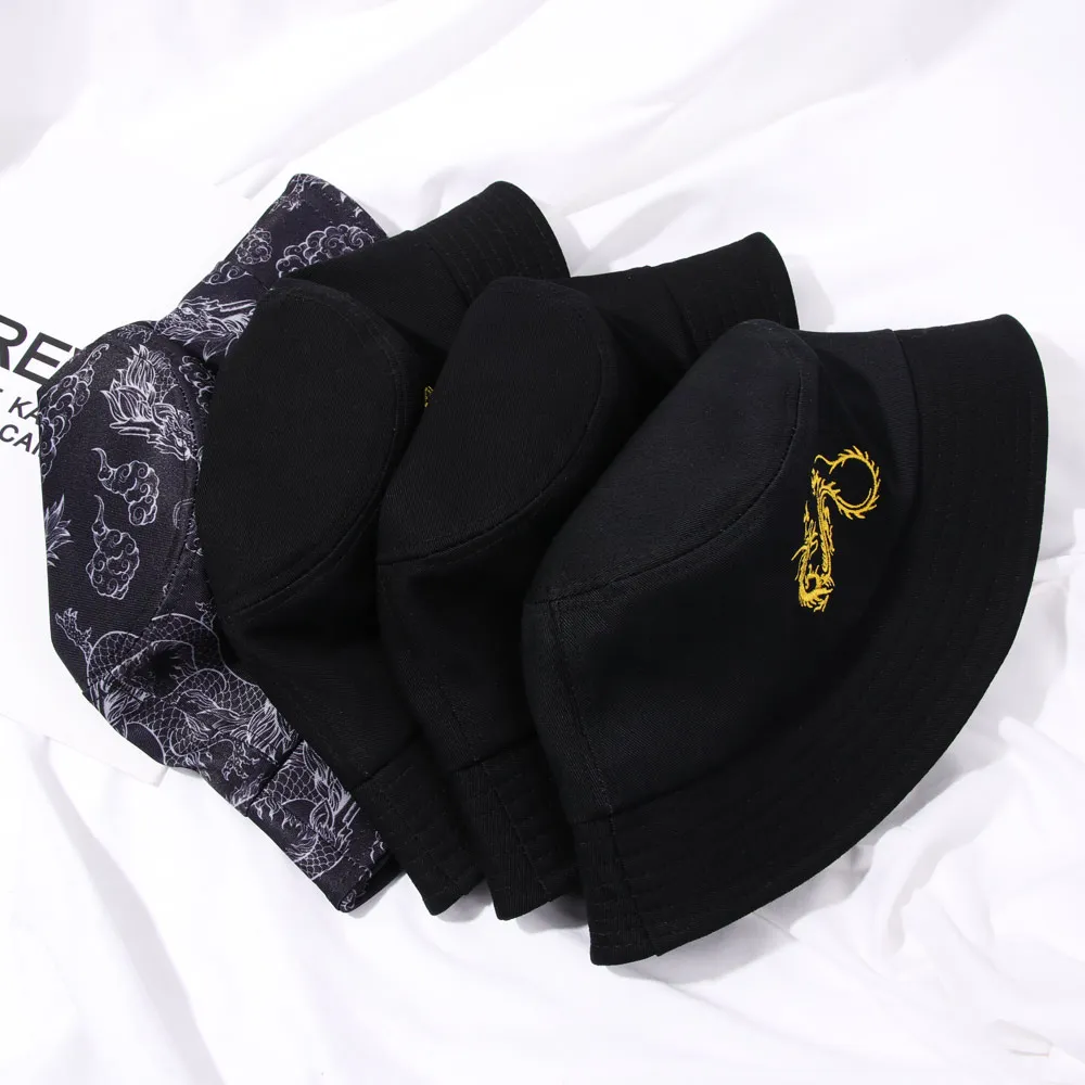 Панама с вышивкой китайского дракона для мужчин и женщин черные шапки рыбаков в