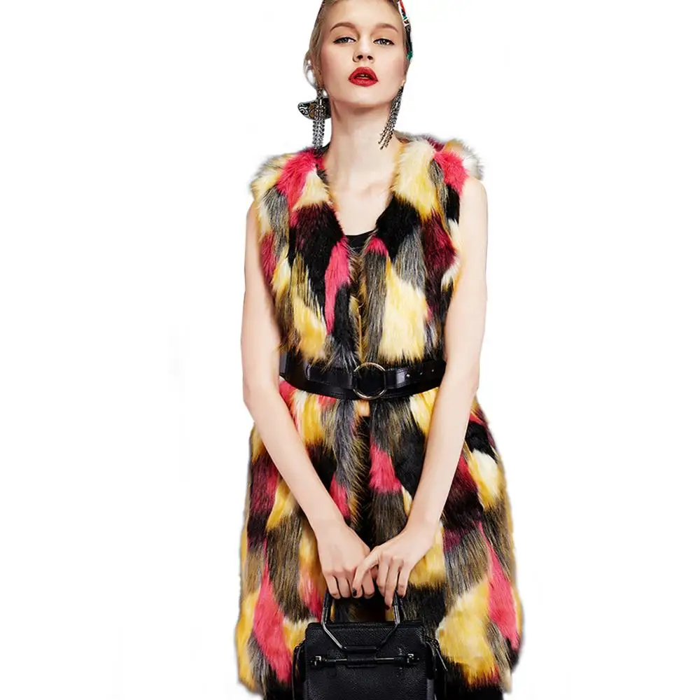 Женский жилет из искусственного меха в стиле пэчворк градиентный цветной