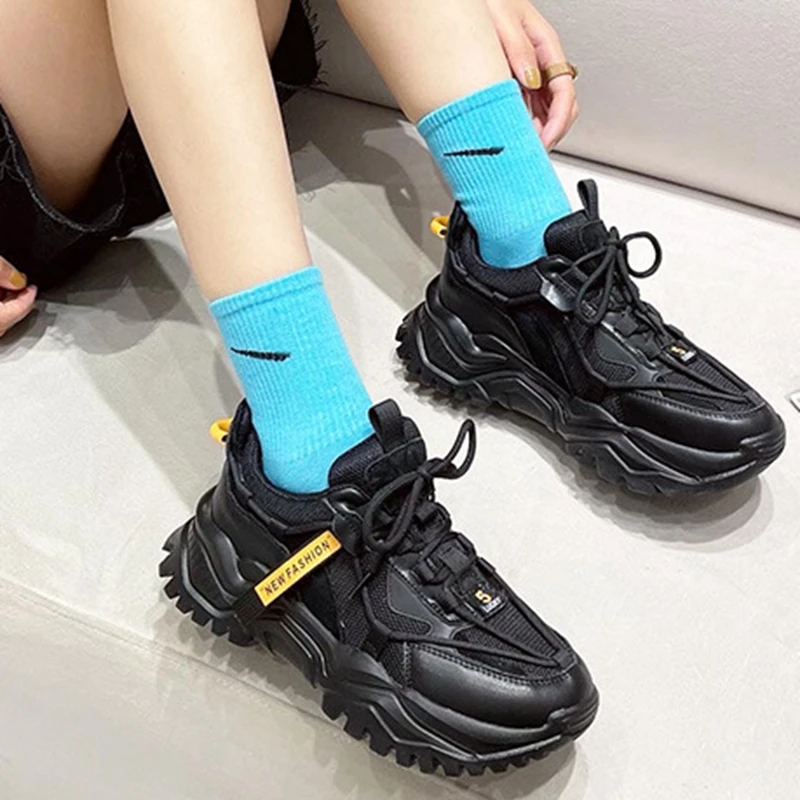 

TAOFFEN Fashion Women Real Leather Sneakers Round Toe Chunky Sneakers Mixed Color Casual Shoes Outdoor Footwear Size 35-39