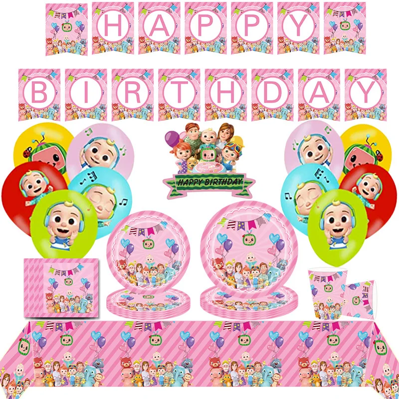 Розовый Cocomelon тема Дети День рождения поставки бумажные тарелки и стаканы соломы