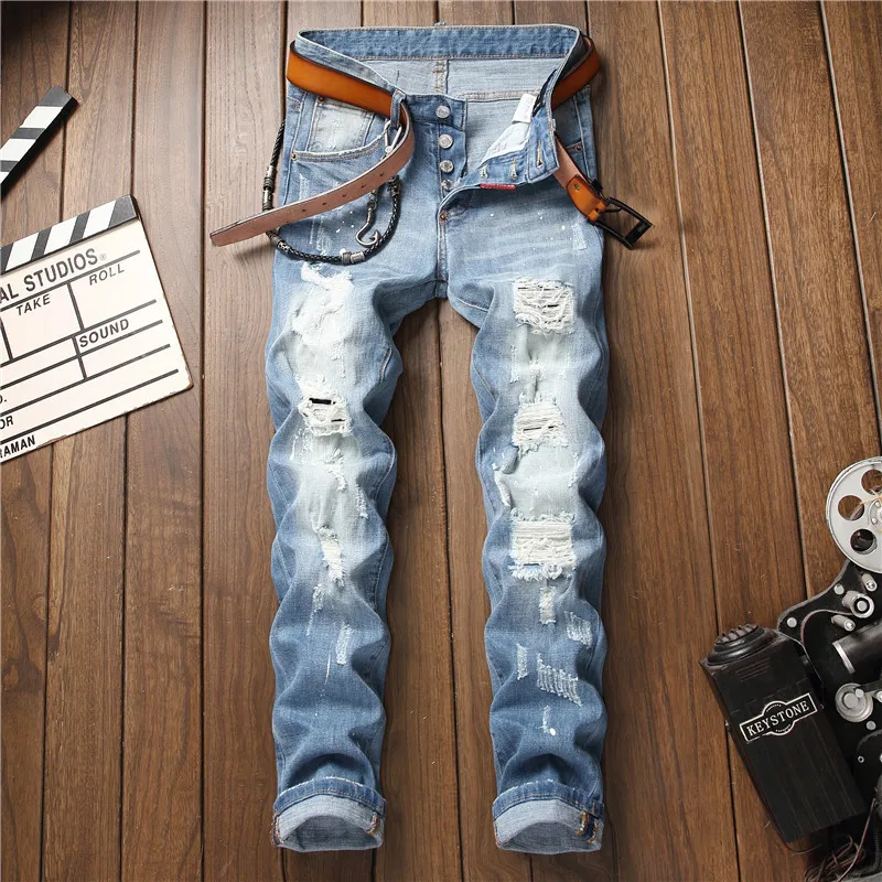 

CNUUIKOOEK Men's New Style Paint Splattered Slim Fit Elasticity Jeans Light Blue Embroidered Trousers