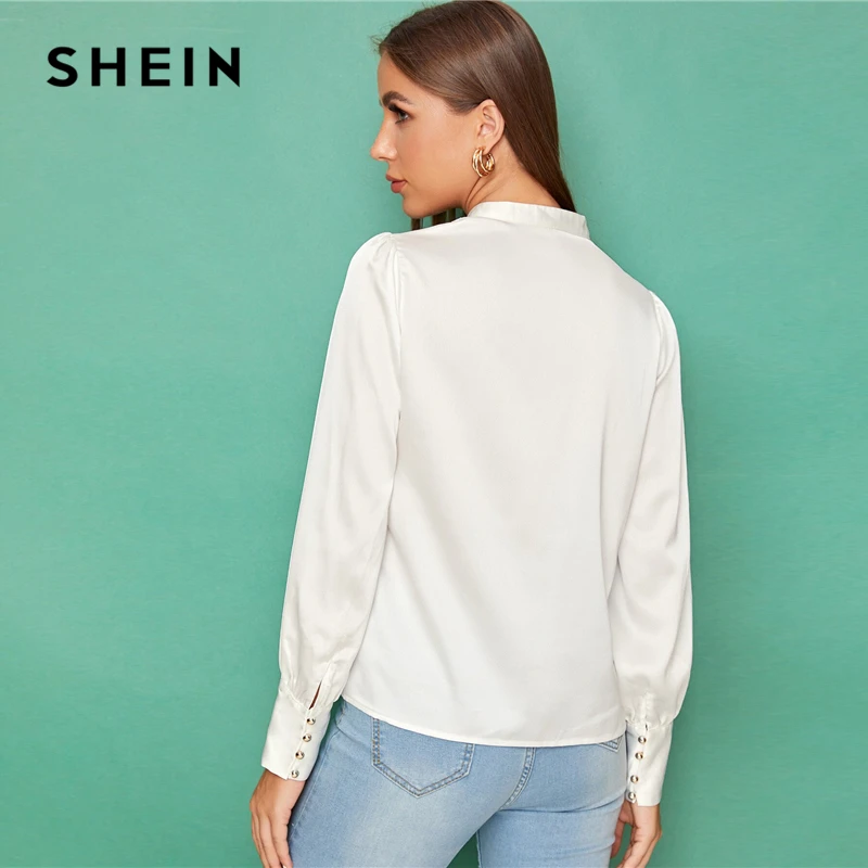 SHEIN белый пуговицы спереди Фонари рукав Атласный топ монотонная блузка Для женщин сезон осень, со стоячим воротником женские офисные элегантная абайя блузки