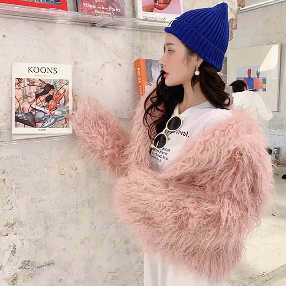 FIRSTTO Stylish Faux Mongolia Sheep Fur Long Hairy Shaggy Big Lapel Outwear Sleeve Knitted Pockets Jackets Coat Top 2 Color | Женская