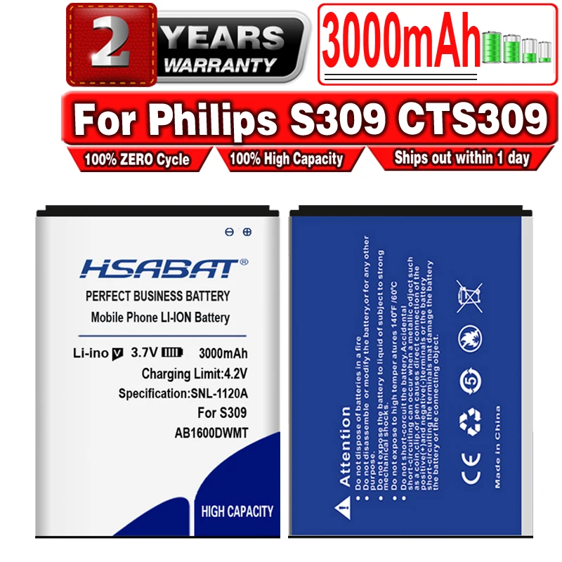 

HSABAT AB1600DWMT AB1600DWML 3000mAh Battery for Philips S309 CTS309 Batteries