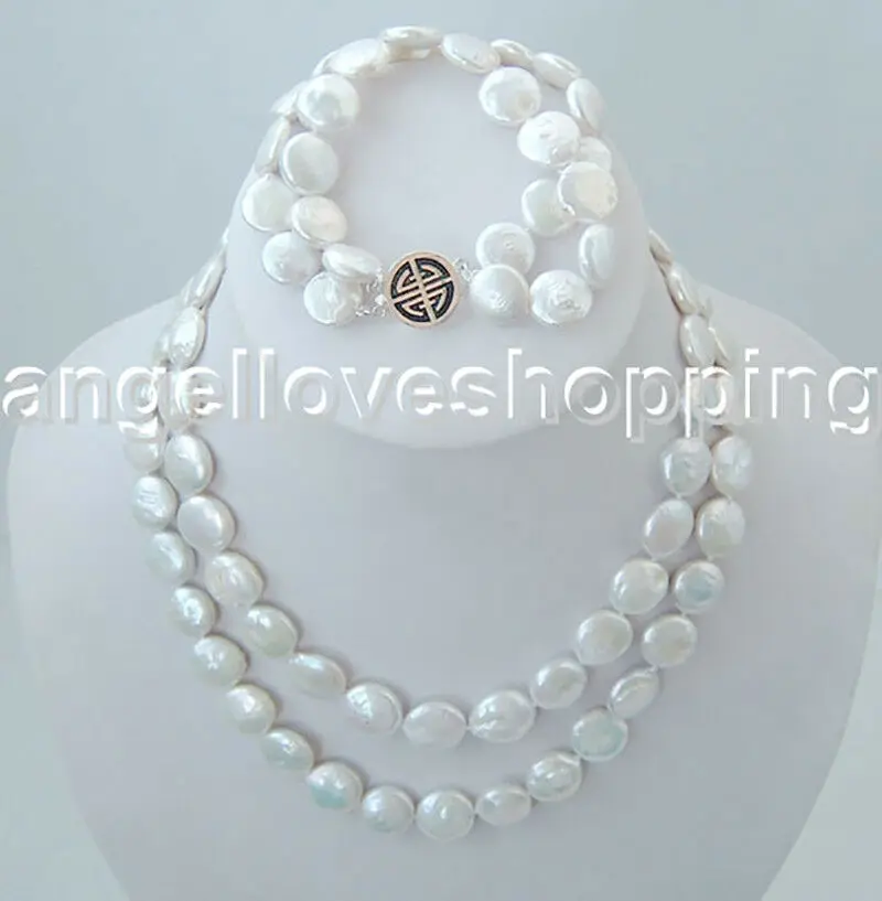 

2 rows white coin nucleated freshwater pearl necklace bracelet set marking