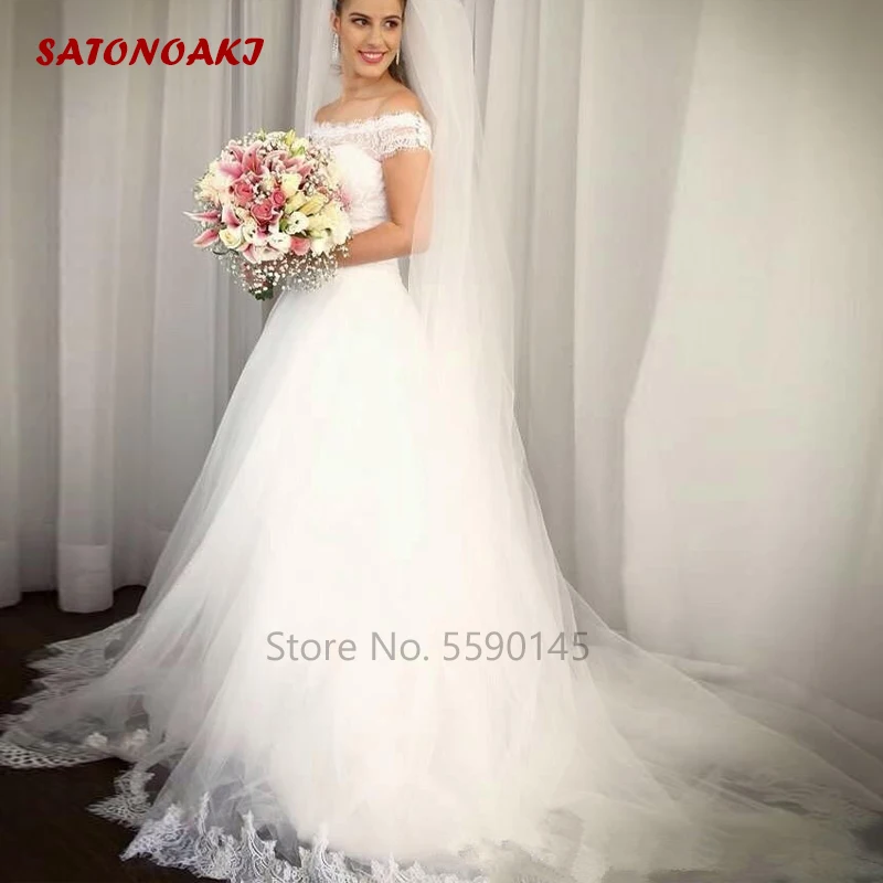 

2020 Vintage A-Line Wedding Dress for Women Lace Applique Off The Shoulder Bridal Gowns SweepTrain Princesa Vestido De Novia
