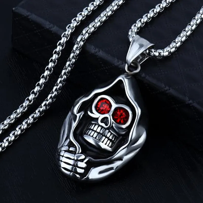

HNSP Punk Red Eye Skull Pendant Chain Necklace For Men Male Gothic Jewelry Gift Wholesale