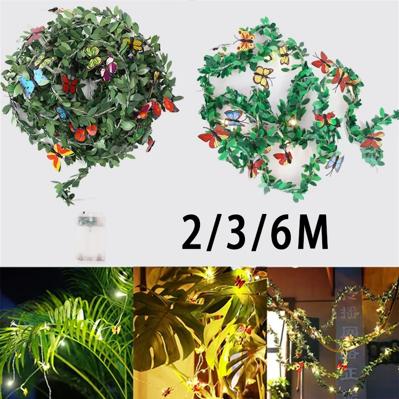 

2/3/6m LED Outdoor Solar Rattan Butterfly Lamp String Lights LEDs Leaf Fairy Garland Christmas Party Lights for Garden Decor