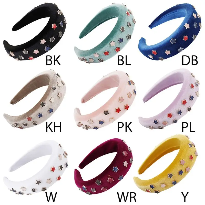 Women Retro Thick Sponge Padded Headband Metal Pentagram Star Rivet Embellished Wide Hair Hoop Velvet Wrapped Styling Headwear |