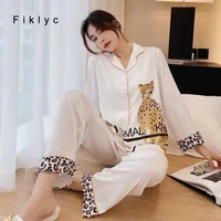 fiklyc autumn winter new leopard printing casual womens pajamas sets ice silk female night sleep lounge pyjamas ladies nightwear