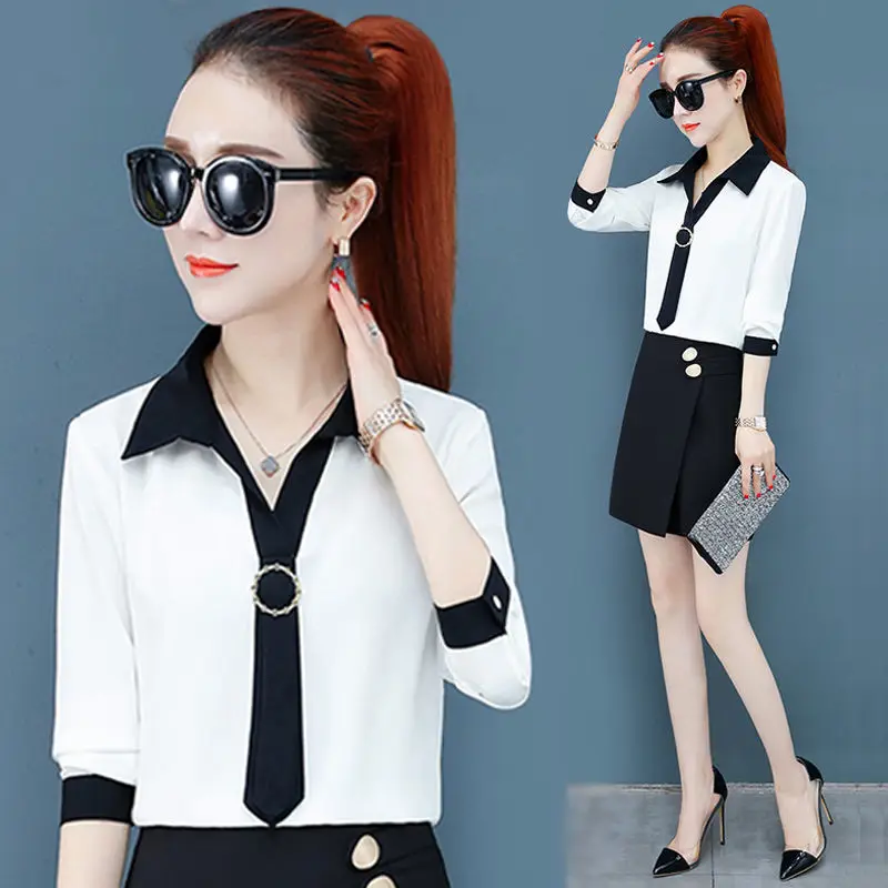 

Slim Striped Stitching Chiffon Shirt Female Long-sleeved Fashion Fake Tie Decoration Simple Office Style Blouses Women Spring
