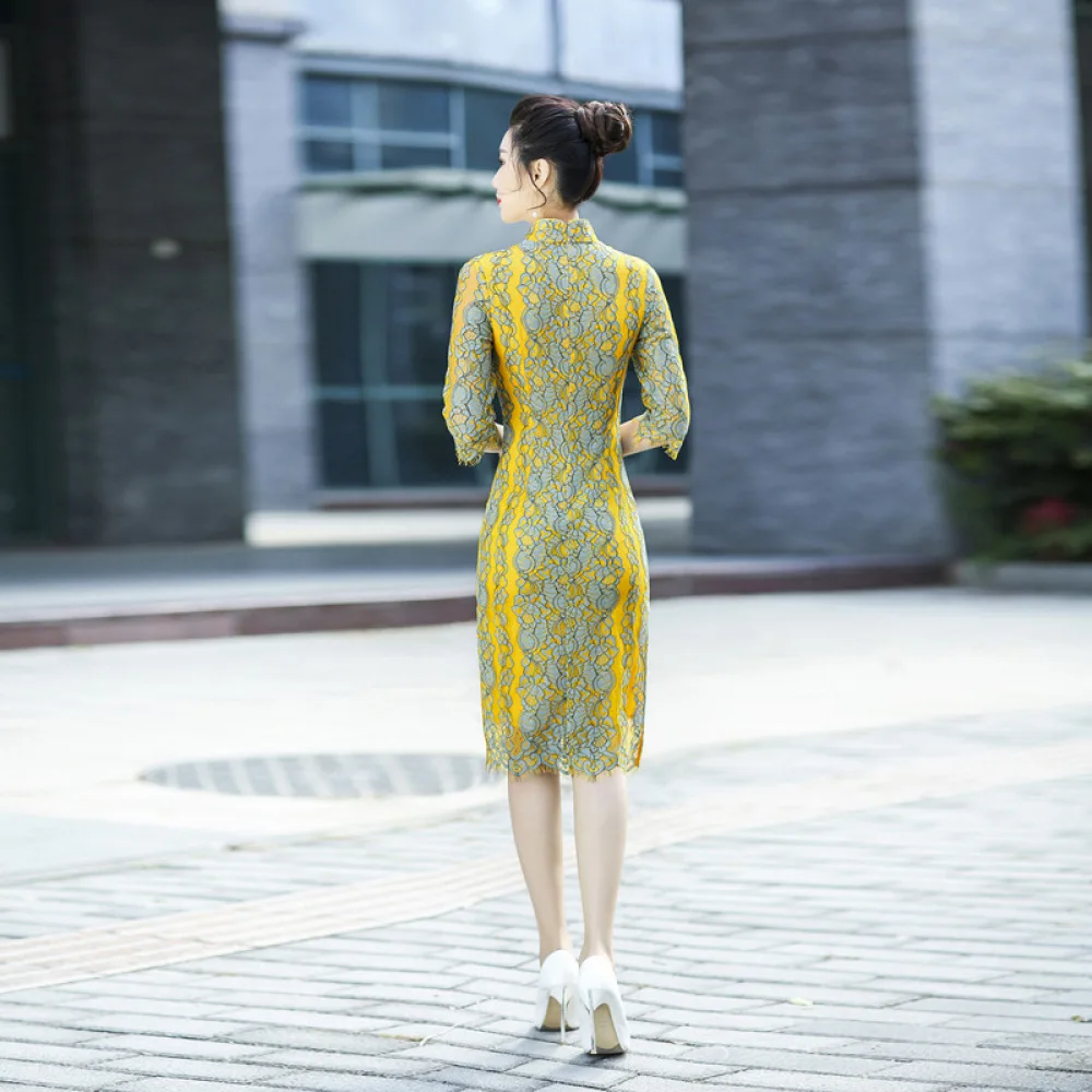 

Spring New Contrast Lace Slim Sexy Cheongsam Fashion Chinese Style Stand Collar Sexy Split Qipao Dress Top Women
