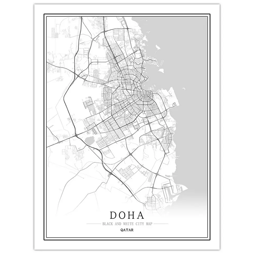 Катар черно-белая карта города постер нордическая гостиная Доха настенное