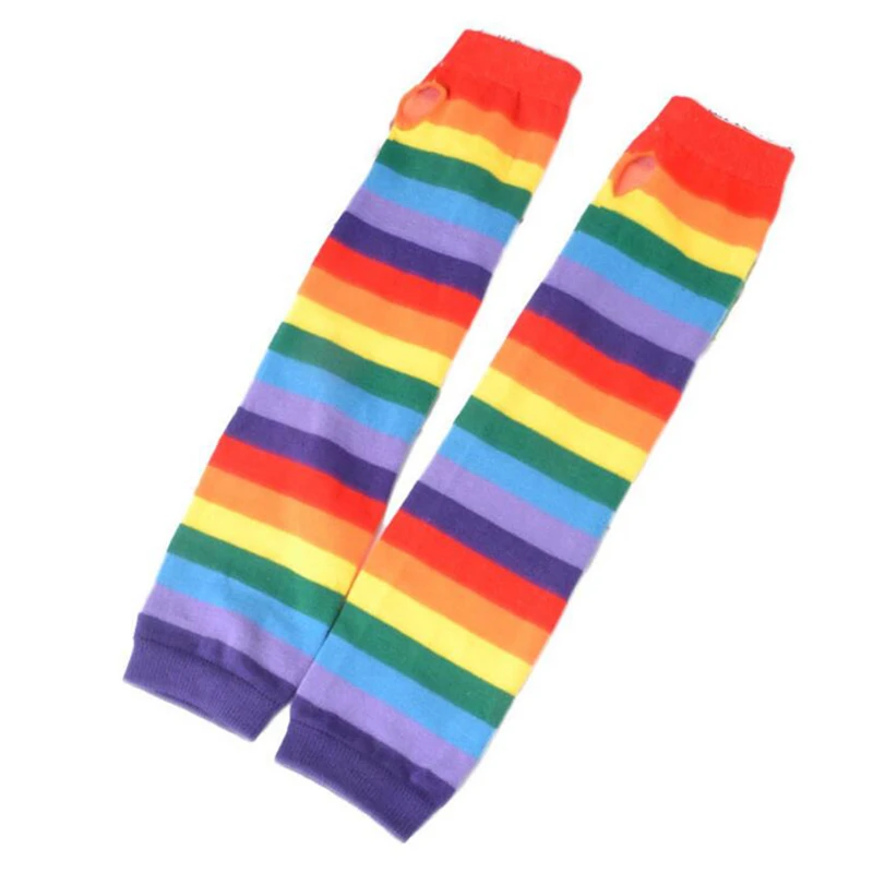 

Rainbow Striped Women Gloves Japanese Style New Warm Half FingerLong Gloves Knitted Sunscreen Autumn Arm Sleeve