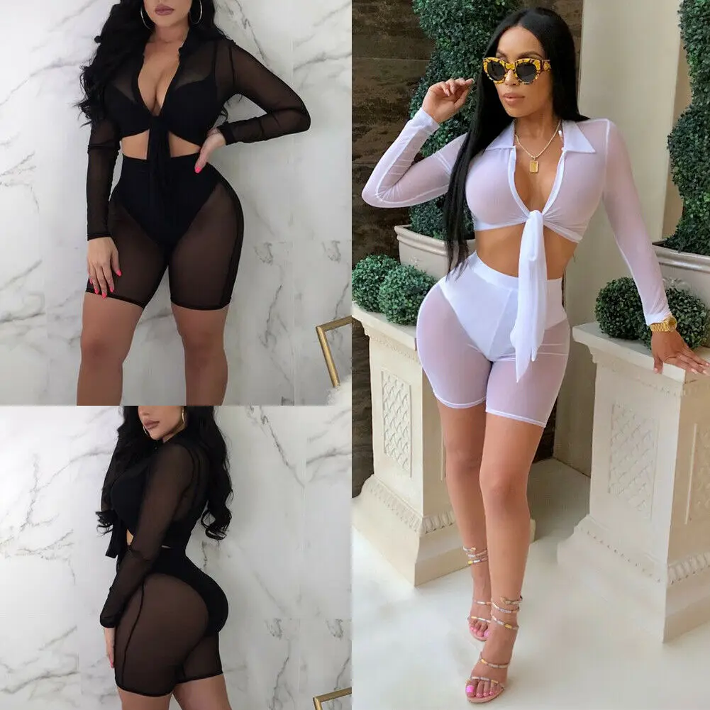 

Summer Sexy Women Long Sleeve See-Through Mesh Fishnet Crop Top T-Shirt and Shorts Set Fashion Lady Bandage V-neck Clothes Sets