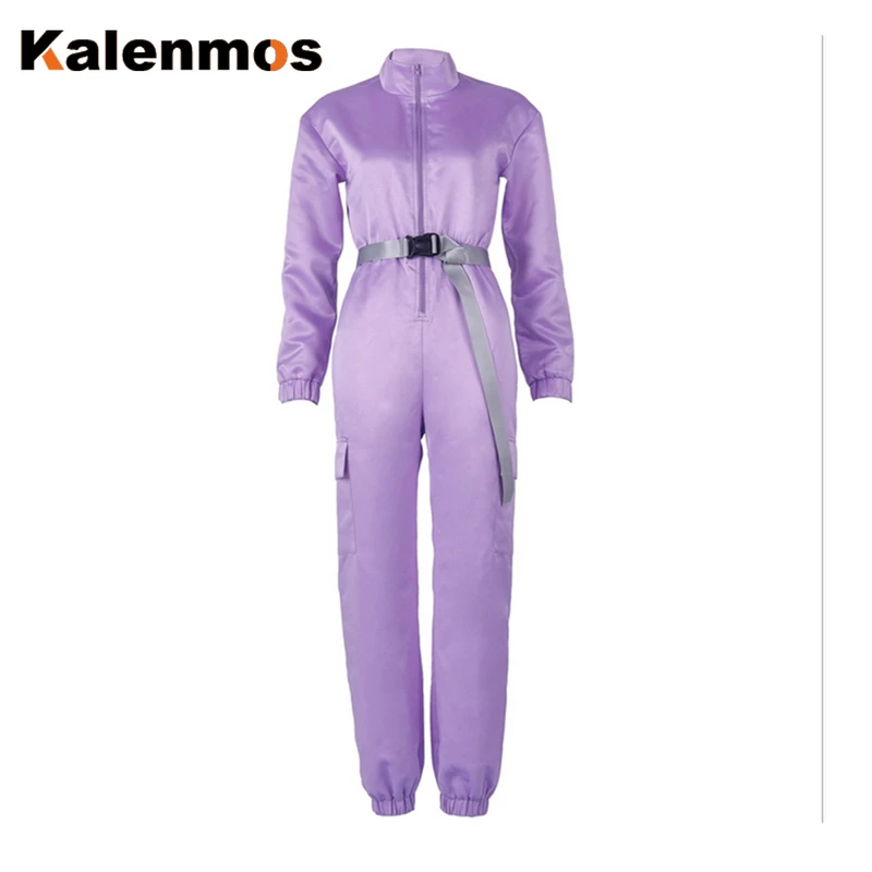 

Jumpsuits Women's New Zipper Half Stand Collar Big Pocket Loose with Belt Women Casual Go Out Sport Overalls Purple Playsuits