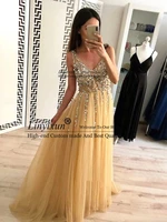 sexy champagne v neck prom dresses a line floor length sequins tulle long formal evening praty gown vestidos de gala