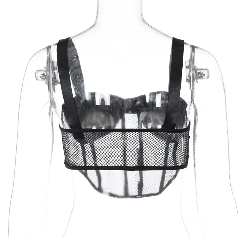 

Sexy Mesh Sleeveless Short Top Women Hollow Out Bodycon See Through Top Pu Leather Summer Streetwear Cropped Top Femme
