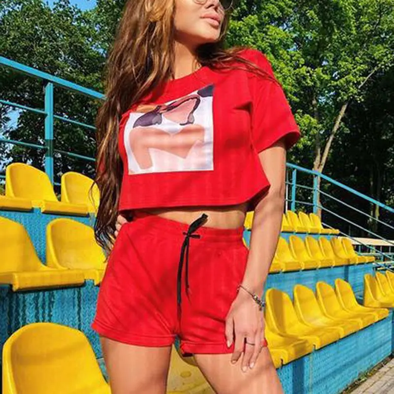 

Printed Tshirt Suit Short Sleeve Sports Crop Tops Solid Shorts Tracksuit 2 Piece Set Women Summer Casual Clothing Ensemble Femme