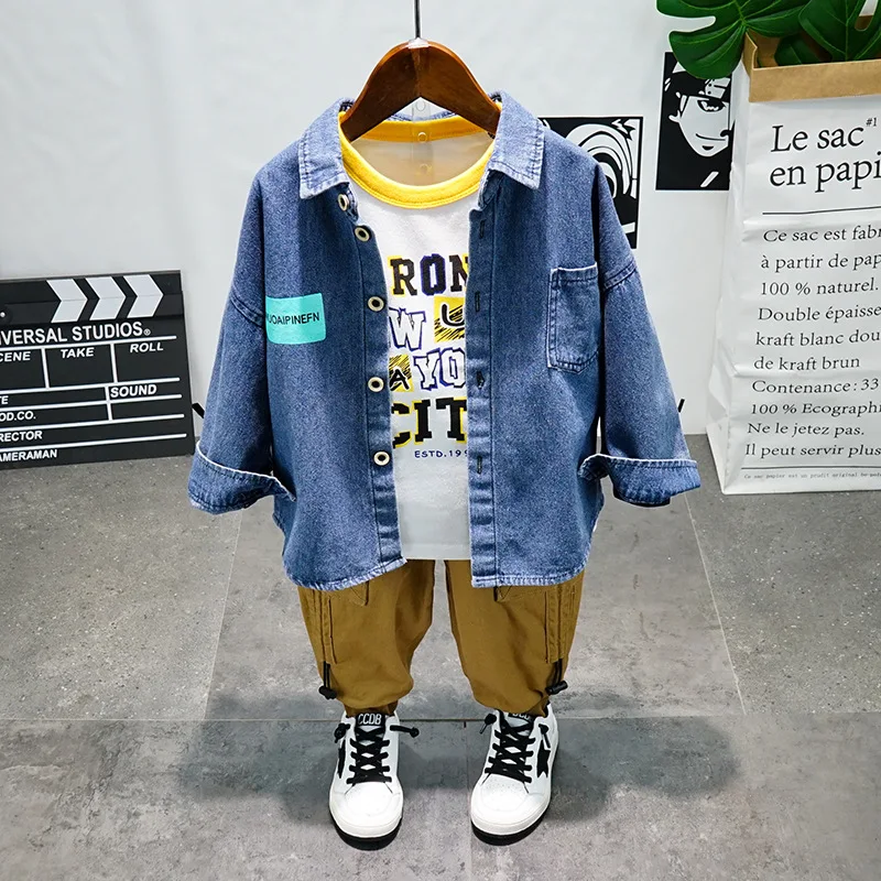 

New Baby Boy Outfits Boys Denim Shirt + T-Shirt + Cargo Pants 3pcs Boys Suit Spring Autumn Boys Clothes Sets 2-7years