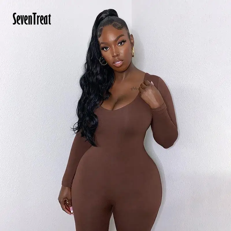 

Long Sleeve Bodycon Female Jumpsuit 2021 New Solid Women Clothes Deep V Neck Sexy Bodysuits Sportwear Rompers Fashion