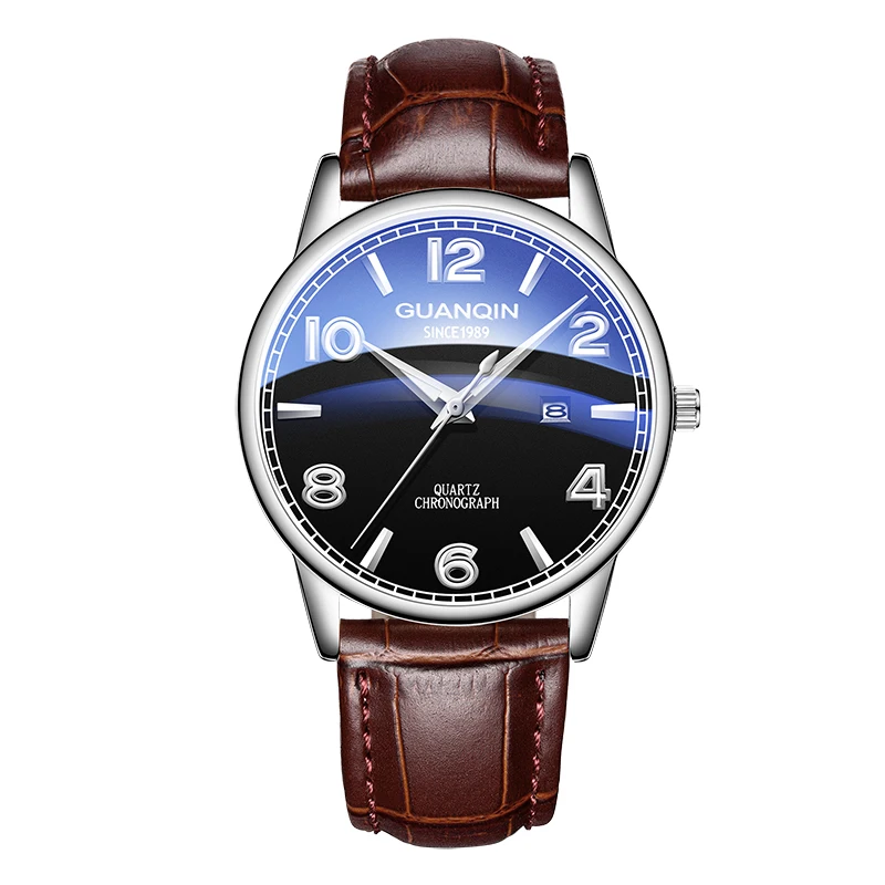 silver black brown Горячая GUANQIN мужские часы модные Дата светящиеся водонепроницаемые устойчивые к царапинам наручные часы носимые спортивные кожаные кварцевые часы - Цвет: silver black brown