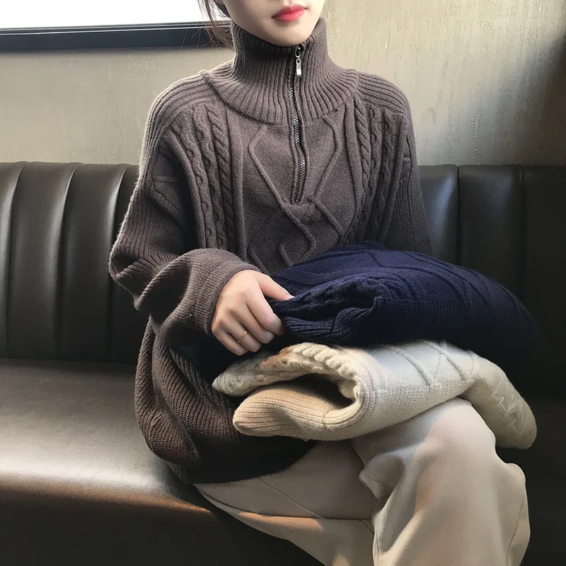 

Casual Thick Big Autumn Winter High-Neck Oversize Pullover Zipper Ribbed Women Warm Chic Female Loose Basic Sweaters