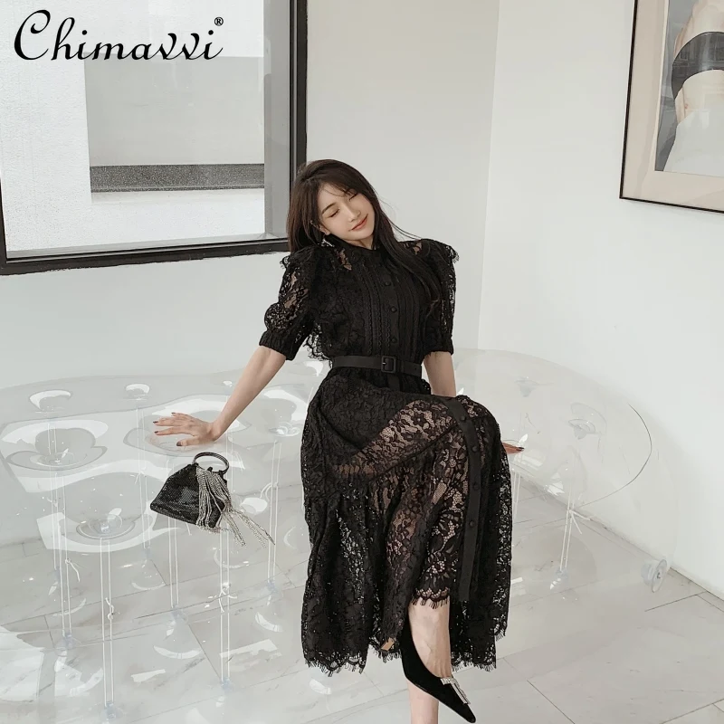 

High-End Lace Single-Breasted Design Maxi Dresses for Women High Waist Slimming Elegant Dress 2021 Fashionable French Dress Set